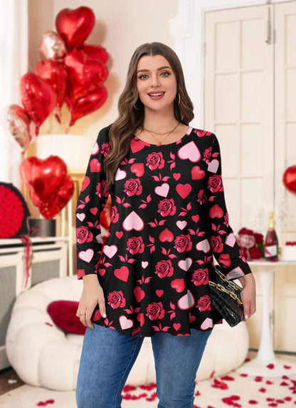 Valentine Rose & Heart Print Tunic Top – Women's Plus Size 3/4 Sleeve Swing Blouse (S–7XL) A36
