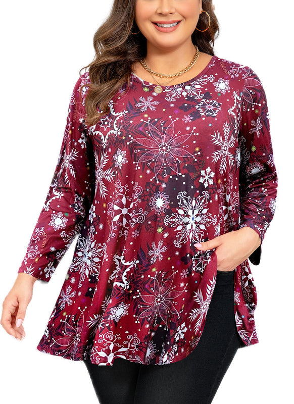 Christmas Snowflake Print Tunic Top – Women's Plus Size Long Sleeve Swing Blouse  in Burgundy (S–7XL) A33