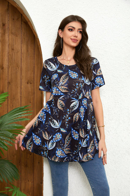 Navy Blue Paisley Leaf Print Tunic Top – Women's Plus Size Short Sleeve Swing Blouse to Wear with Leggings (S–7XL) B4