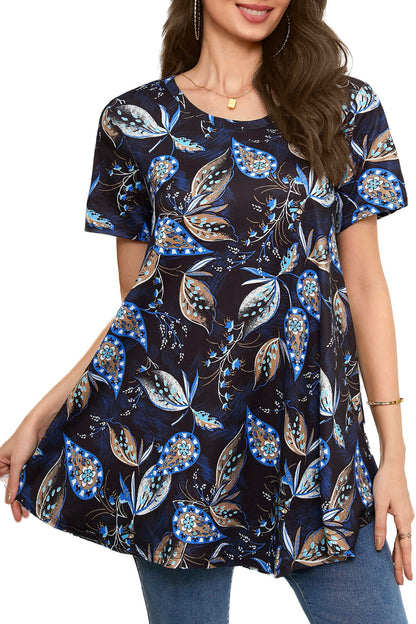 Navy Blue Paisley Leaf Print Tunic Top – Women's Plus Size Short Sleeve Swing Blouse to Wear with Leggings (S–7XL) B4