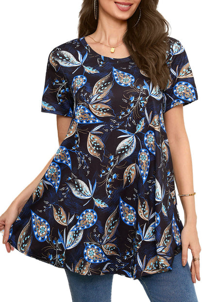 Navy Blue Paisley Leaf Print Tunic Top – Women's Plus Size Short Sleeve Swing Blouse to Wear with Leggings (S–7XL) B4