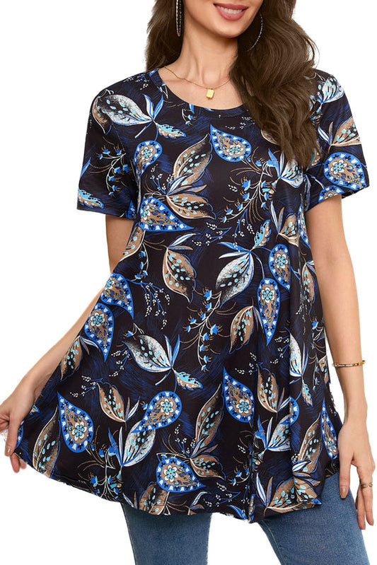 Navy Blue Paisley Leaf Print Tunic Top – Women's Plus Size Short Sleeve Swing Blouse to Wear with Leggings (S–7XL) B4