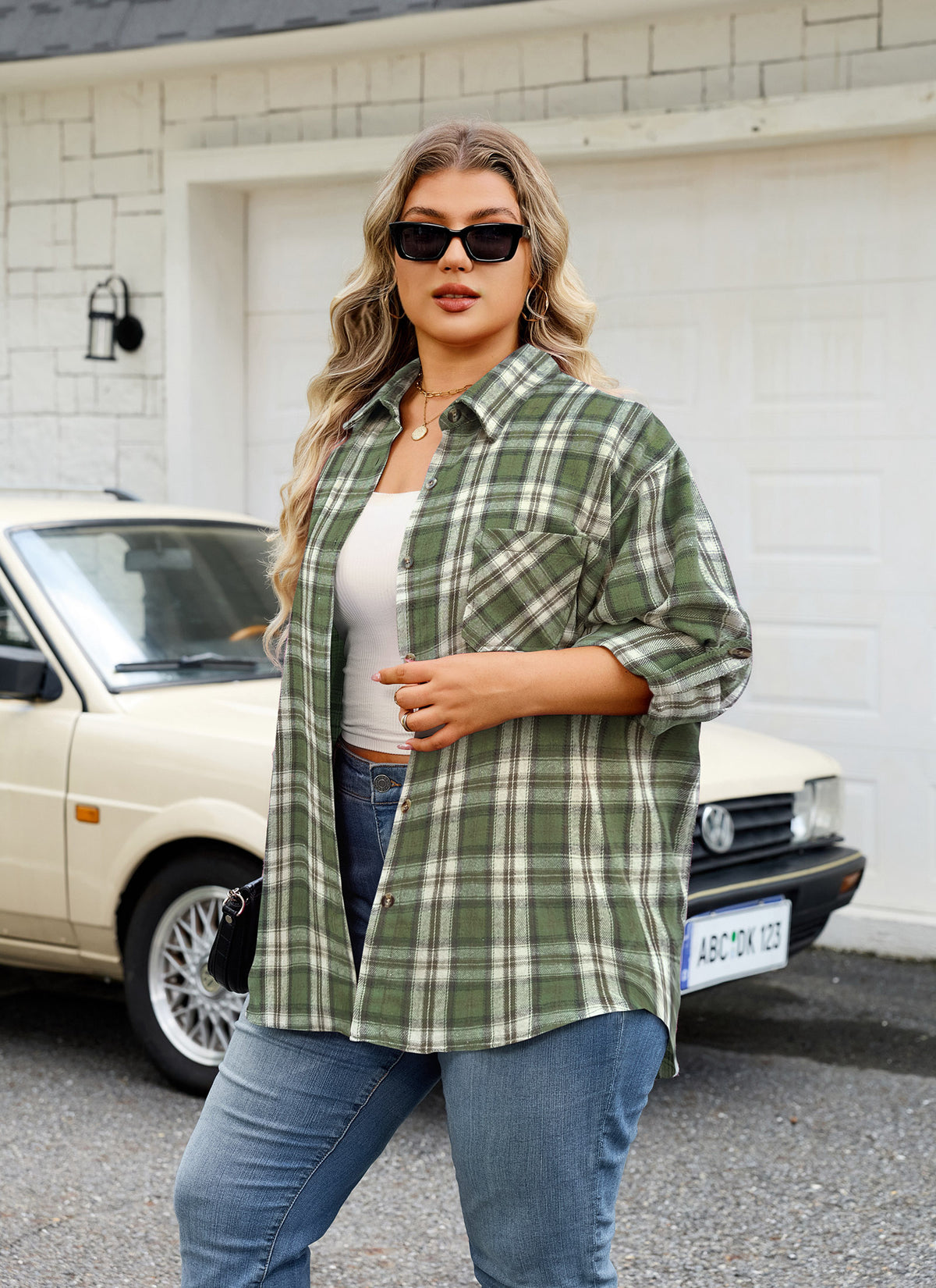 Plus Size Olive Green Plaid Button-Up Shirt G11