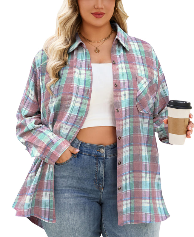 Plus Size Pink & Mint Plaid Button-Up Shirt