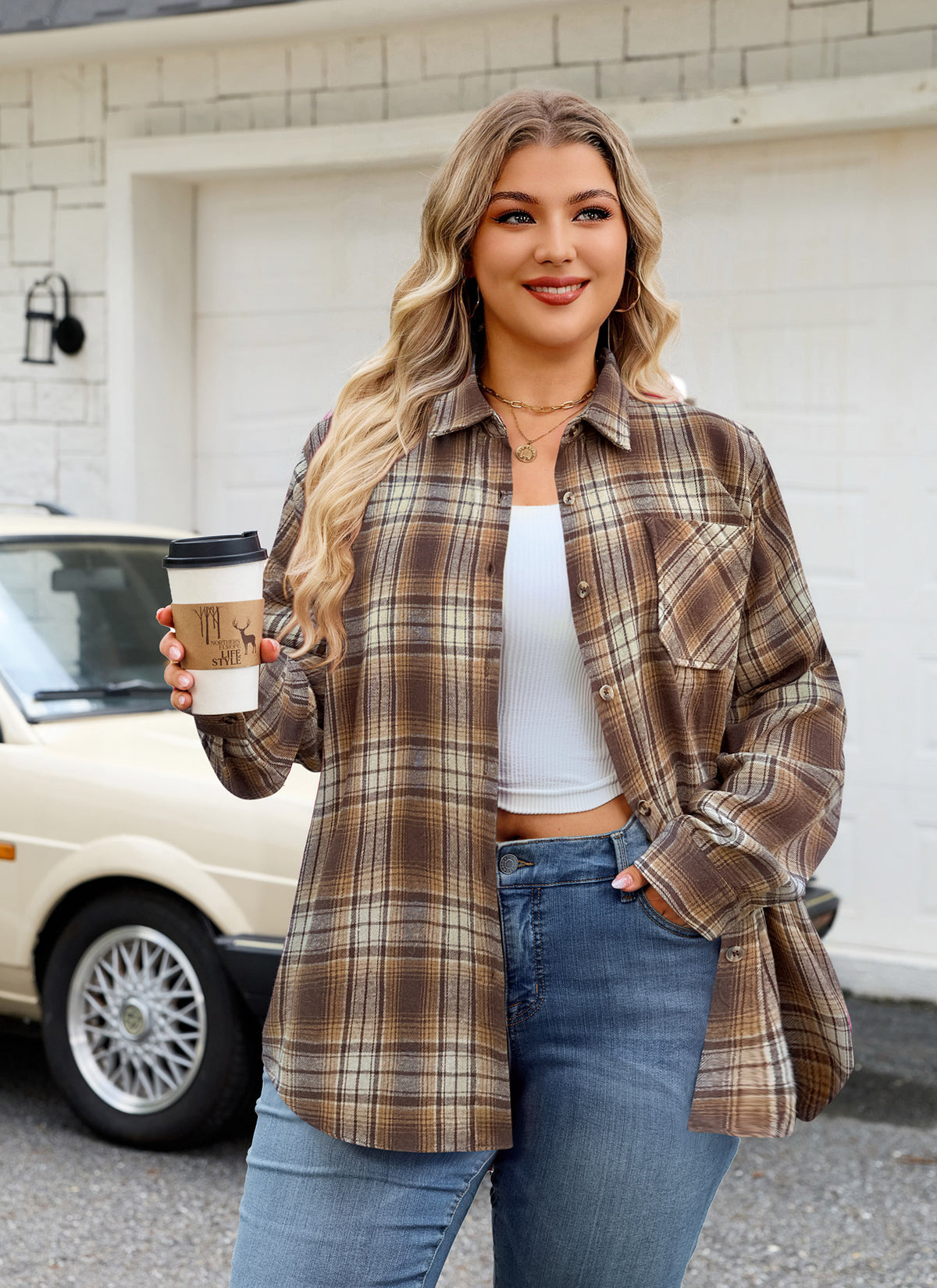 Plus Size Brown & Beige Plaid Button-Up Shirt