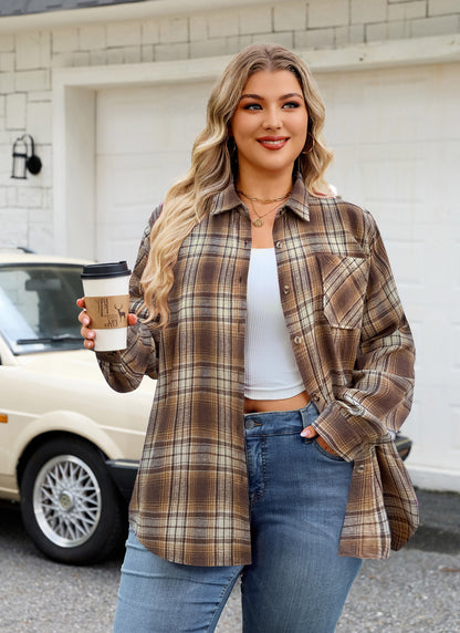 Plus Size Brown & Beige Plaid Button-Up Shirt