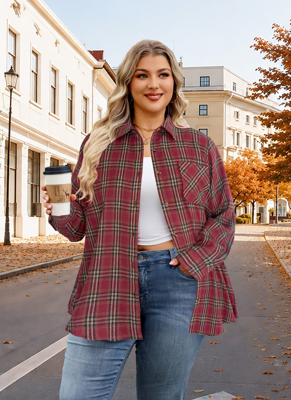 Plus Size Burgundy Windowpane Plaid Button-Up Shirt G25