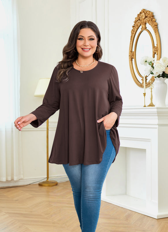 Women's Plus Size Tunic Top | 3/4 Sleeve Brown Swing Flare Blouse for Leggings S-7XL A42