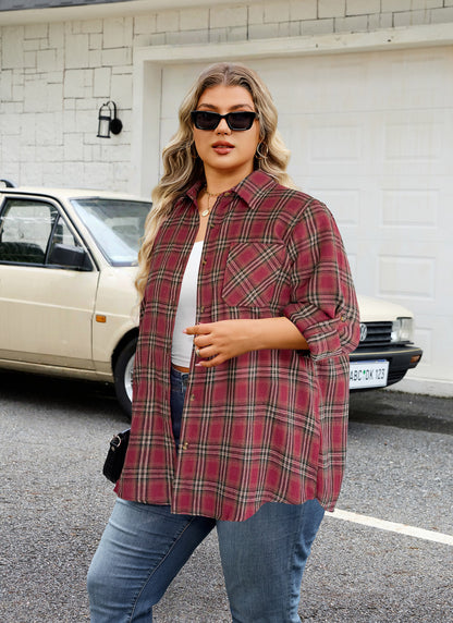 Plus Size Burgundy Windowpane Plaid Button-Up Shirt G25