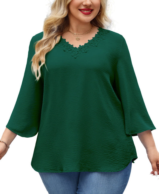 Women's Plus Size Floral Trim Tunic Top | 3/4 Sleeve V-Neck Blouse – Green J3