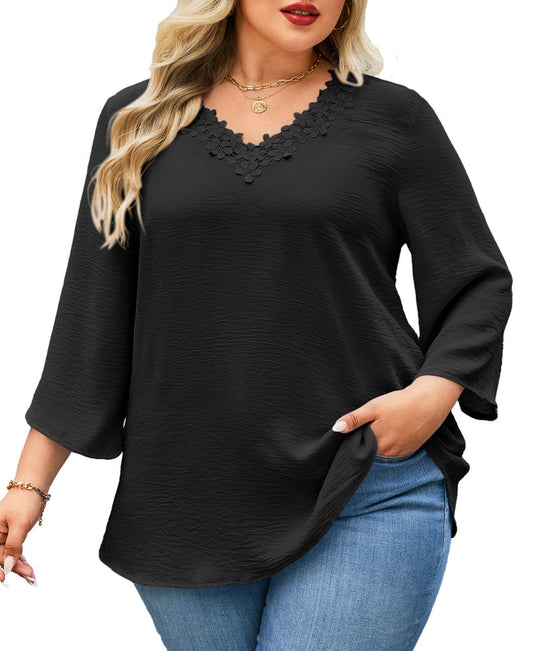 Women's Plus Size Floral Trim Tunic Top | 3/4 Sleeve V-Neck Blouse – Black J1