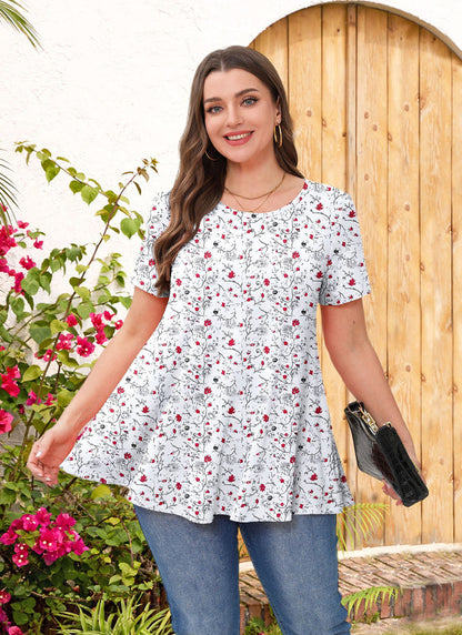 Women's Plus Size White Floral Tunic Top – Short Sleeve, Flowy Swing Blouse to Wear with Leggings b32