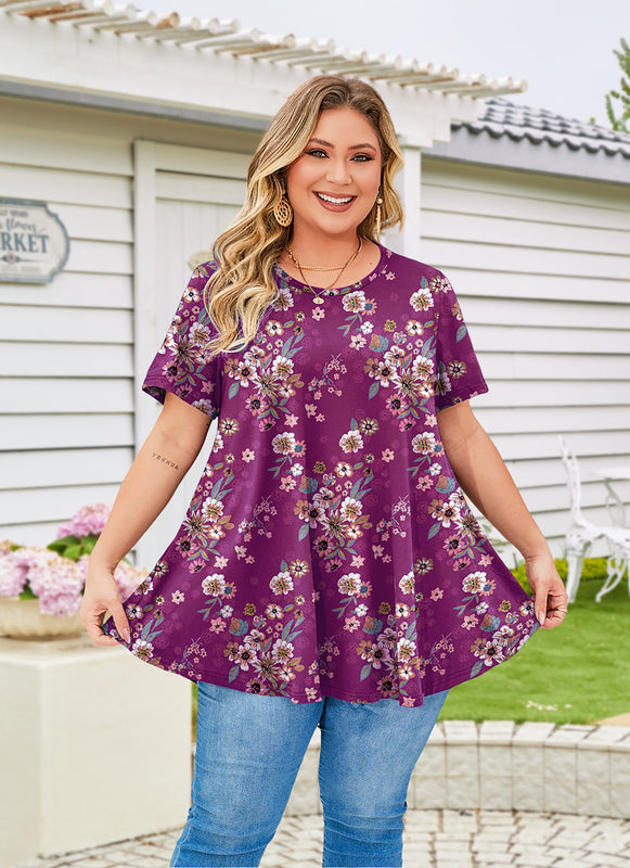 Women's Magenta Floral Swing Tunic Top – Short Sleeve, Plus Size B38