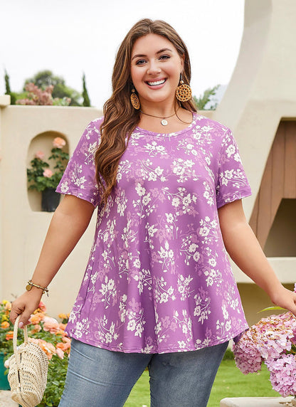 Women's Plus Size Purple & White Tunic Top – Short Sleeve Swing Blouse e11
