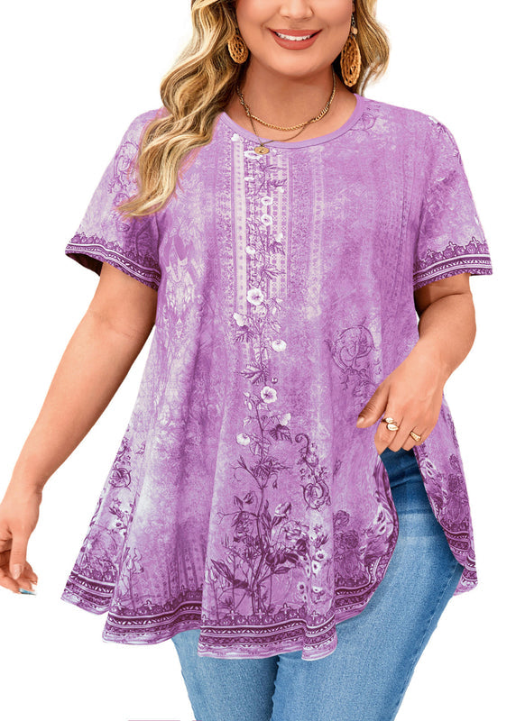 Women's Plus Size Lavender Floral Tunic Top – Short Sleeve Swing Blouse e16