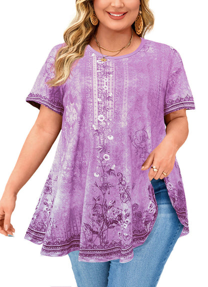 Women's Plus Size Lavender Floral Tunic Top – Short Sleeve Swing Blouse e16