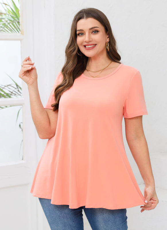 Women's Plus Size Swing Tunic Top – Short Sleeve, Flowy Flare, Crew Neck Blouse to Wear with Leggings b24