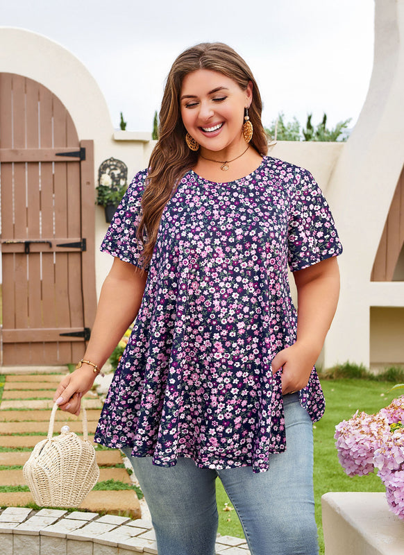 Women's Plus Size Navy Blue & Purple Tunic Top – Short Sleeve Swing Blouse e7