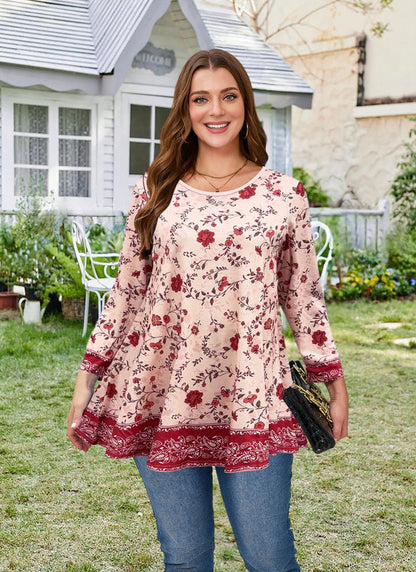 Women's Plus Size Red & Pink Floral Tunic Top – 3/4 Sleeve Swing Flare Blouse d16