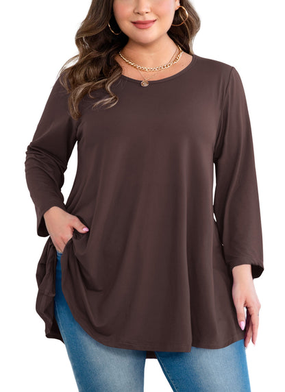 Women's Plus Size Tunic Top | 3/4 Sleeve Brown Swing Flare Blouse for Leggings S-7XL A42