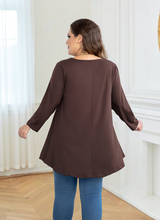 Women's Plus Size Tunic Top | 3/4 Sleeve Brown Swing Flare Blouse for Leggings S-7XL A42