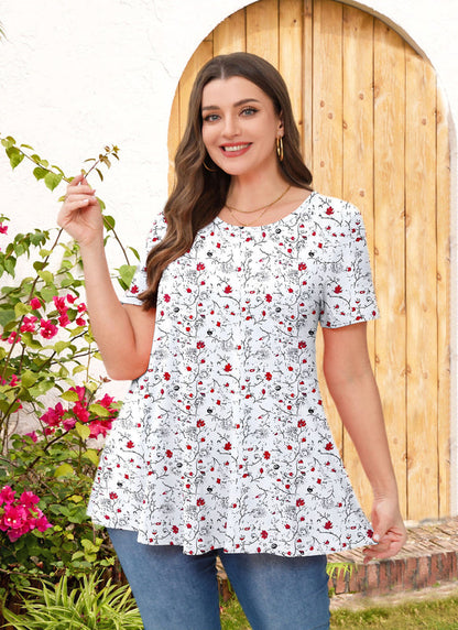 Women's Plus Size White Floral Tunic Top – Short Sleeve, Flowy Swing Blouse to Wear with Leggings b32