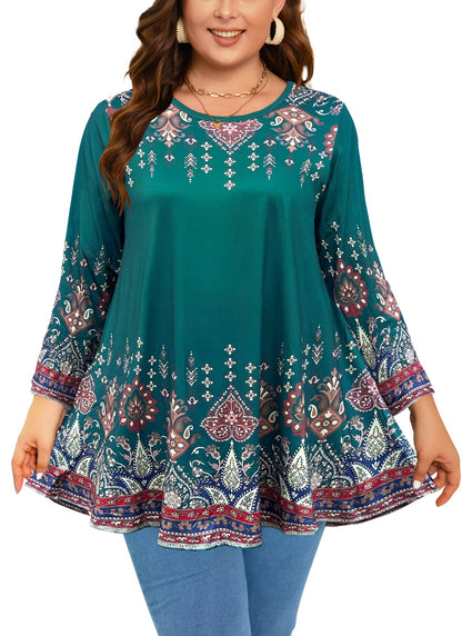 Women's Plus Size Teal & Blue Floral Tunic Top – 3/4 Sleeve Swing Flare Blouse d14