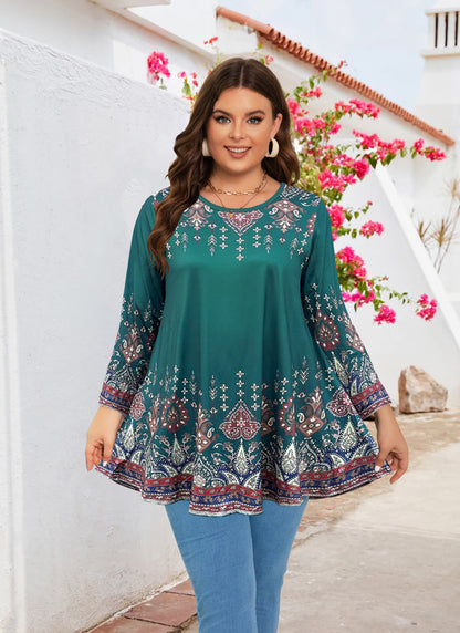 Women's Plus Size Teal & Blue Floral Tunic Top – 3/4 Sleeve Swing Flare Blouse d14