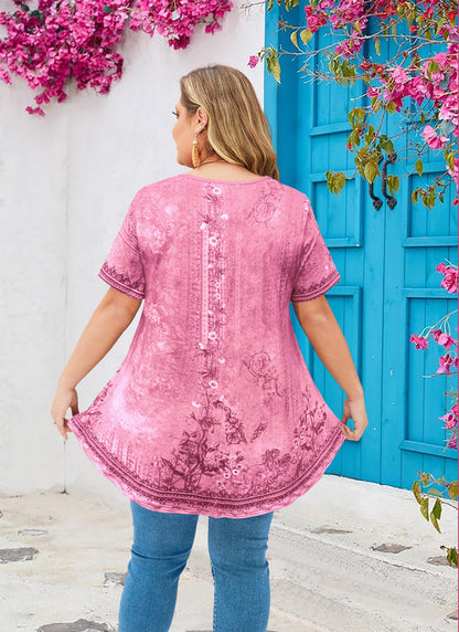 Womens Plus Size Tops Short Sleeve Swing Flare Flowy Tunic Loose Fit Summer Casual Blouses to Wear with Leggings e2