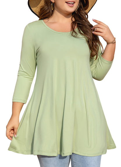Womens Tops - Plus Size Tunics 3/4 Sleeve Loose Fit Dressy Casual Long Swing Flowy Lady Blouses Shirts Wear with Leggings Teals Blue Clothing A10 SATG