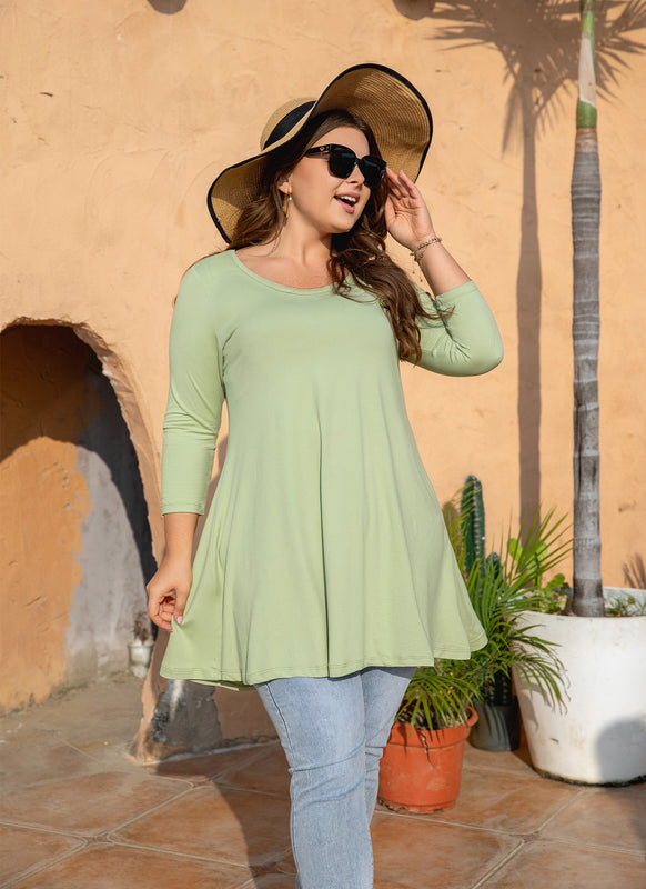 Women's Plus Size Sage Green Tunic Top | 3/4 Sleeve Swing Blouse, Flowy Loose Fit, Wear with Leggings – S to 6XL A10 SATG