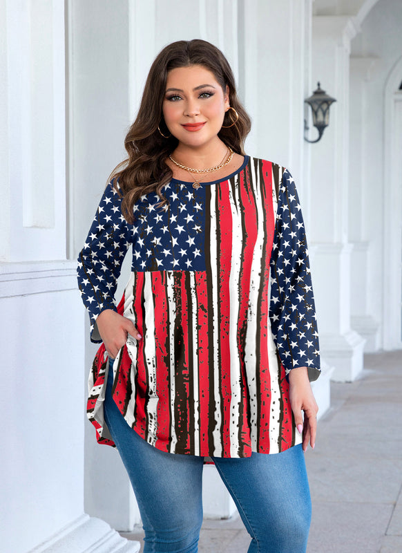 Women's Plus Size American Flag Tunic Top – 3/4 Sleeve Patriotic Swing Blouse (S–6XL) A24
