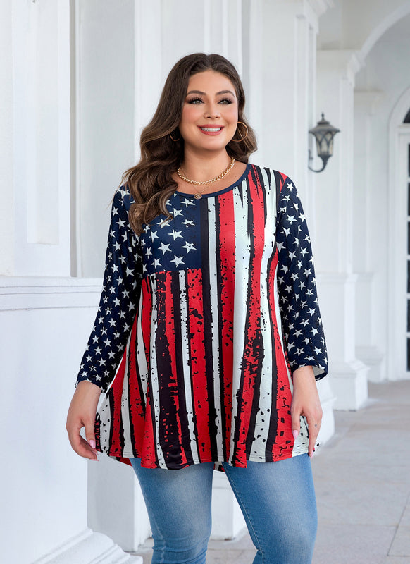 Women's Plus Size American Flag Tunic Top – 3/4 Sleeve Patriotic Swing Blouse (S–6XL) A24