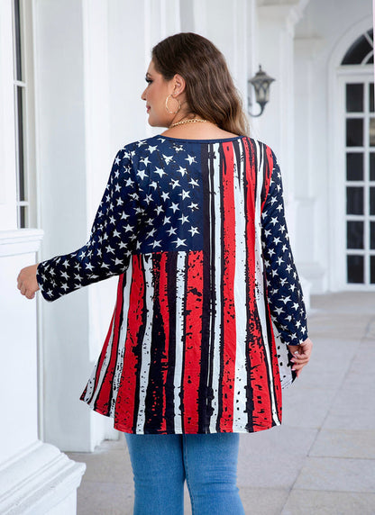 Women's Plus Size American Flag Tunic Top – 3/4 Sleeve Patriotic Swing Blouse (S–6XL) A24