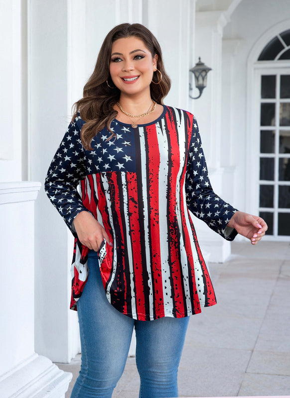 Women's Plus Size American Flag Tunic Top – 3/4 Sleeve Patriotic Swing Blouse (S–6XL) A24