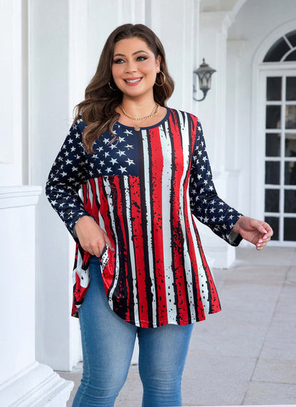 Women's Plus Size American Flag Tunic Top – 3/4 Sleeve Patriotic Swing Blouse (S–6XL) A24