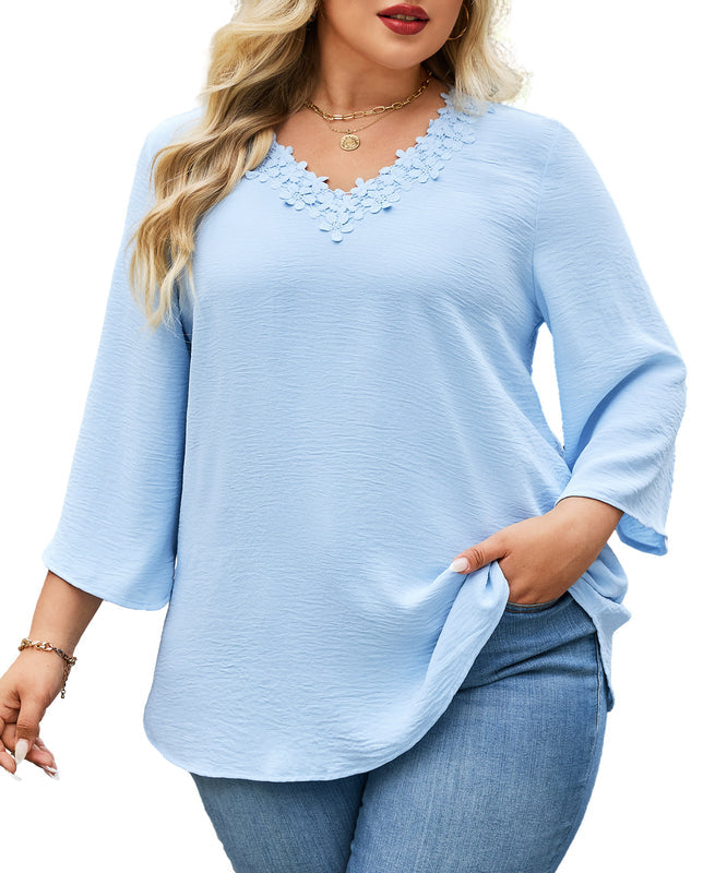 Women's Plus Size Floral Trim V-Neck Tunic Top J5