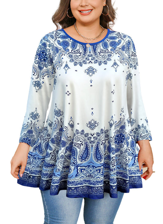 Women's Plus Size Blue & White Floral Tunic Top – 3/4 Sleeve Swing Flare Blouse d19