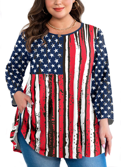 Womens Tops - Plus Size Tunics 3/4 Sleeve Loose Fit Dressy Casual Long Swing Flowy Lady Blouses Shirts Wear with Leggings Teals Blue Clothing A24