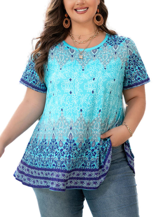 Women's Plus Size Paisley Tunic Top – Short Sleeve, Flowy Swing Blouse to Wear with Leggings b29