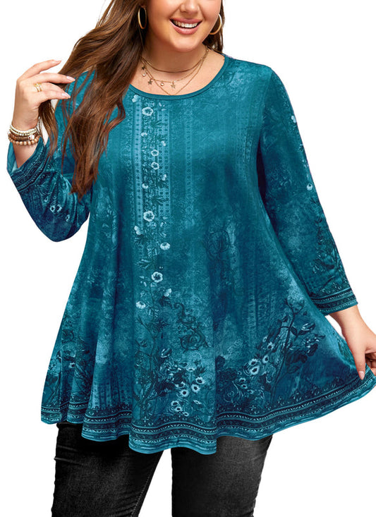 Women's Plus Size Teal Floral Tunic Top – 3/4 Sleeve Swing Flare Blouse d21